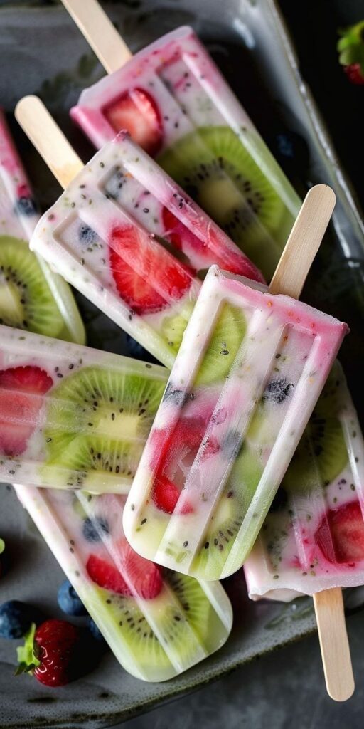 Picolé de iogurte natural com frutas frescas e mel, saudável, refrescante e fácil de fazer, perfeito para os dias quentes.